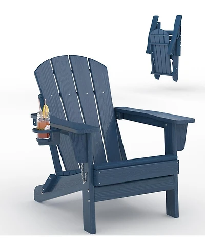 gaomon Folding Adirondack Chair, Hdpe Outdoor Patio Chair with Cup Holder, All Weather Resistent Wooden Textured for patios, Decks, Gardens, fire Pit