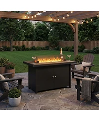 Boyel Living 43" Teak Fire Pit Table with Storage & Iron Cooking Top - Outdoor Dining & Heating Combo