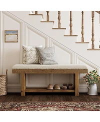 Tribesigns 47.2" Solid Wood Bench, 2-Tier Farmhouse Upholstered Entryway Bench with Storage Shelf, Narrow Rustic Bench for Bedroom, Entryway