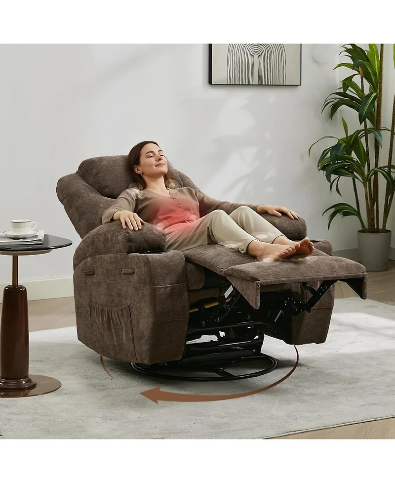 gaomon 360° Swivel Rocking Recliner Chair, Manual Fabric Nursery Recliner Glider with with Massage and Heating, Extented Footrest