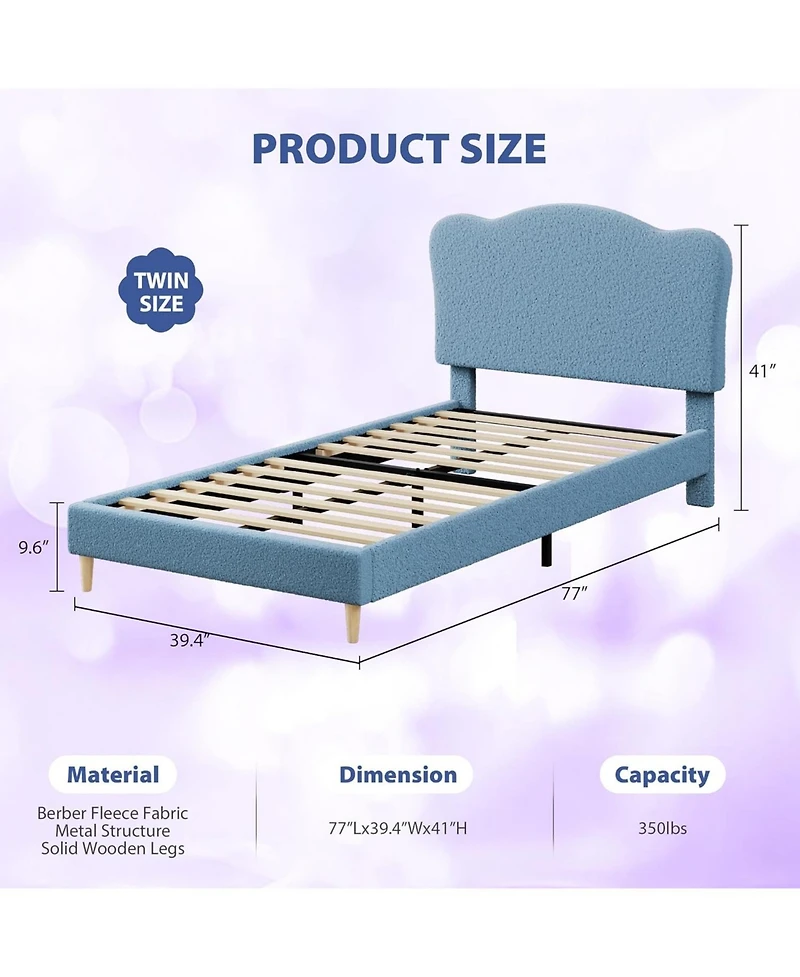 Gaomon Upholstered Twin Size Bed Frame for Kids with Scallop Headboard, Cute Velvet Twin Bed for Girls, Boys, Sturdy Platform Bed