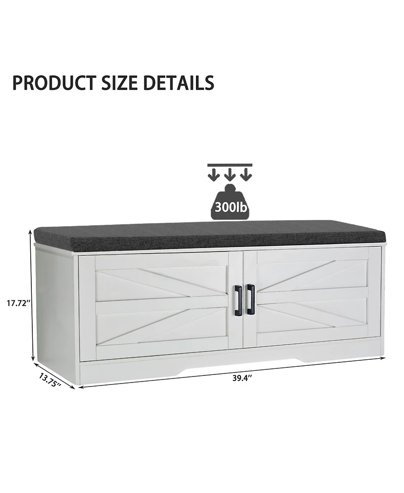 Rainsken 2-Tier Storage Bench, Modern Entryway Bench with Soft Cushions, 2 Barn Doors and 2 Adjustable Shelves for Foyer, Living Room and Hallway