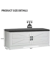 Rainsken 2-Tier Storage Bench, Modern Entryway Bench with Soft Cushions, 2 Barn Doors and 2 Adjustable Shelves for Foyer, Living Room and Hallway