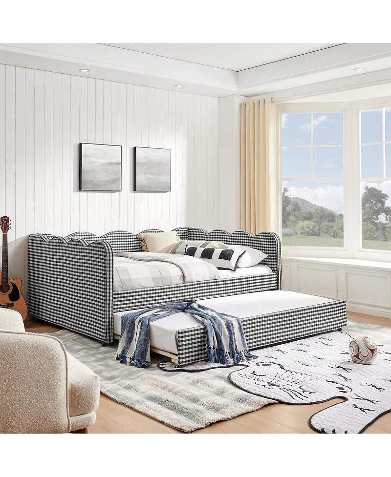 Streamdale Furniture Cozy Gingham Daybed with Twin Trundle, Usb Port