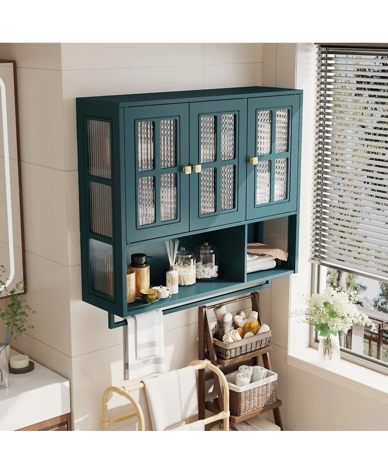 Streamdale Furniture Bathroom Wall Cabinet, 3-Door Wooden Cabinet with Open/Hidden Storage