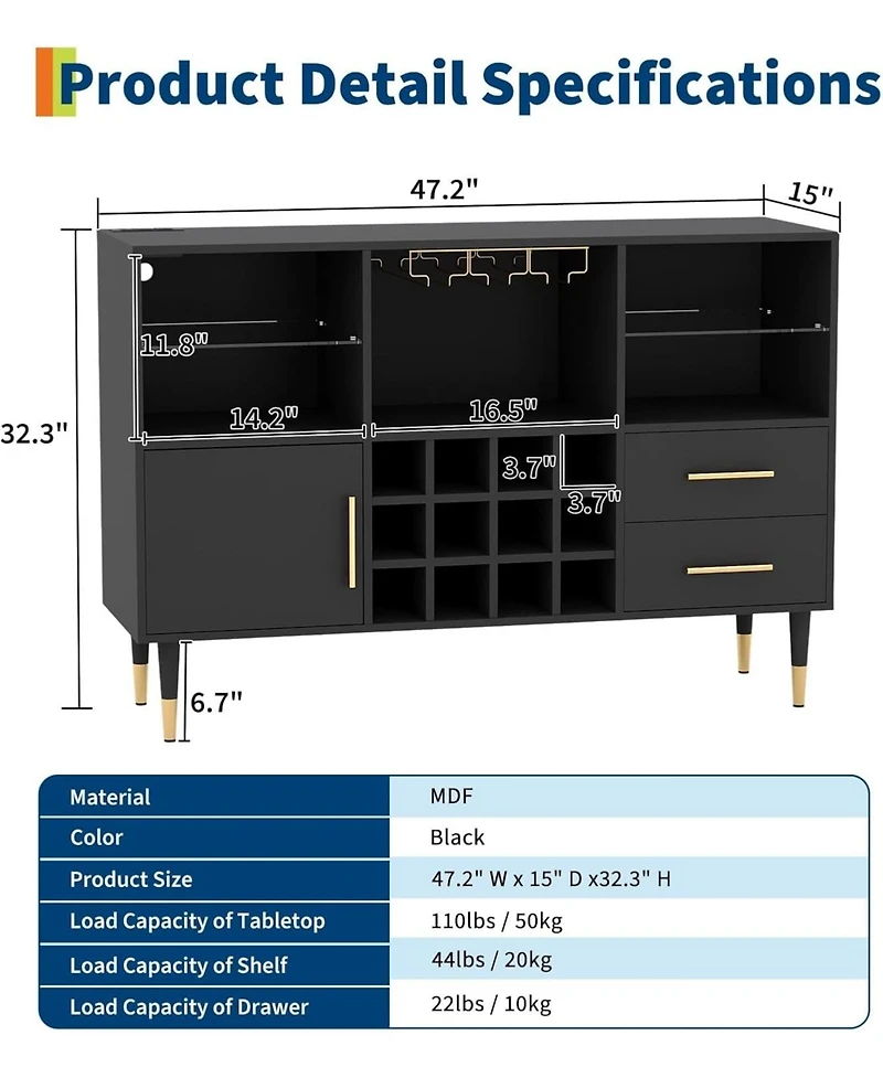 gaomon 47 Inch Industrial Coffee Bar Cabinet with Led Lights and Power Outlets Wood Liquor Cabinet with 2 Doors Glass Holders & Storage