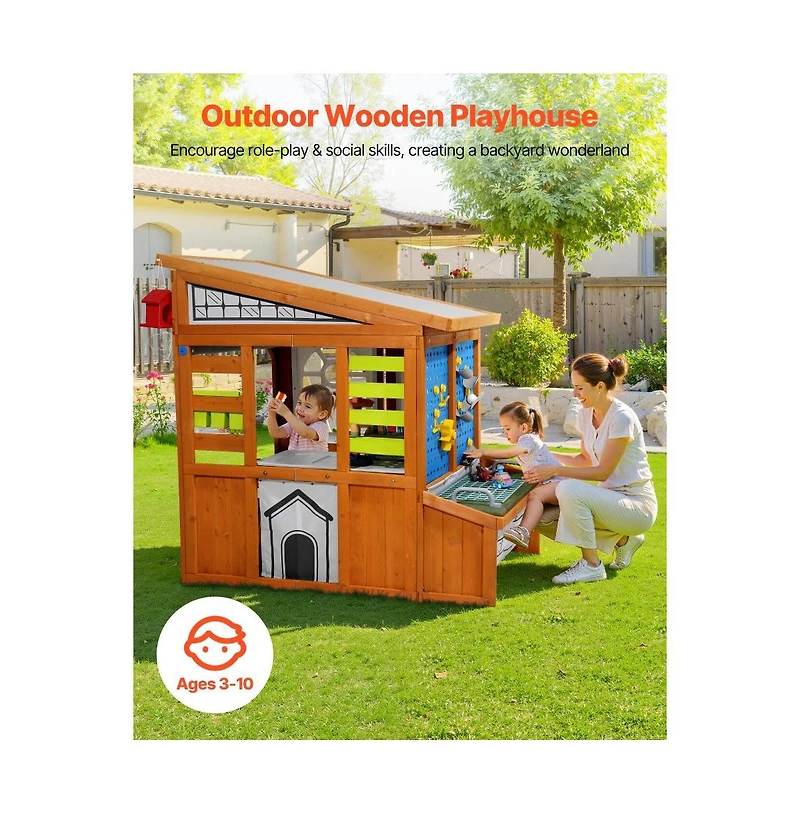 Slickblue Cedar Wooden Outdoor Kids Playhouse with Doorbell and Bird Nest