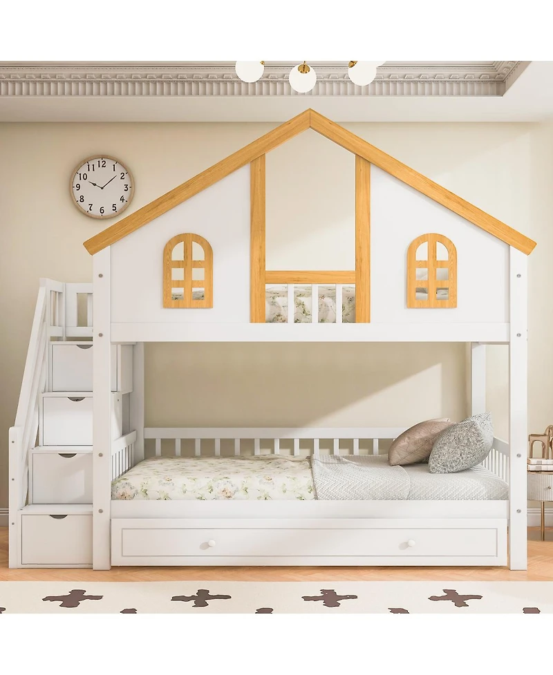 Streamdale Furniture Streamdale Twin Size Wooden House Bunk Bed with Storage Staircase & Trundle