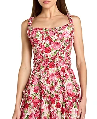 Mac Duggal Women's Petite Floral Cotton Ruffle Square Neck Ankle Dress