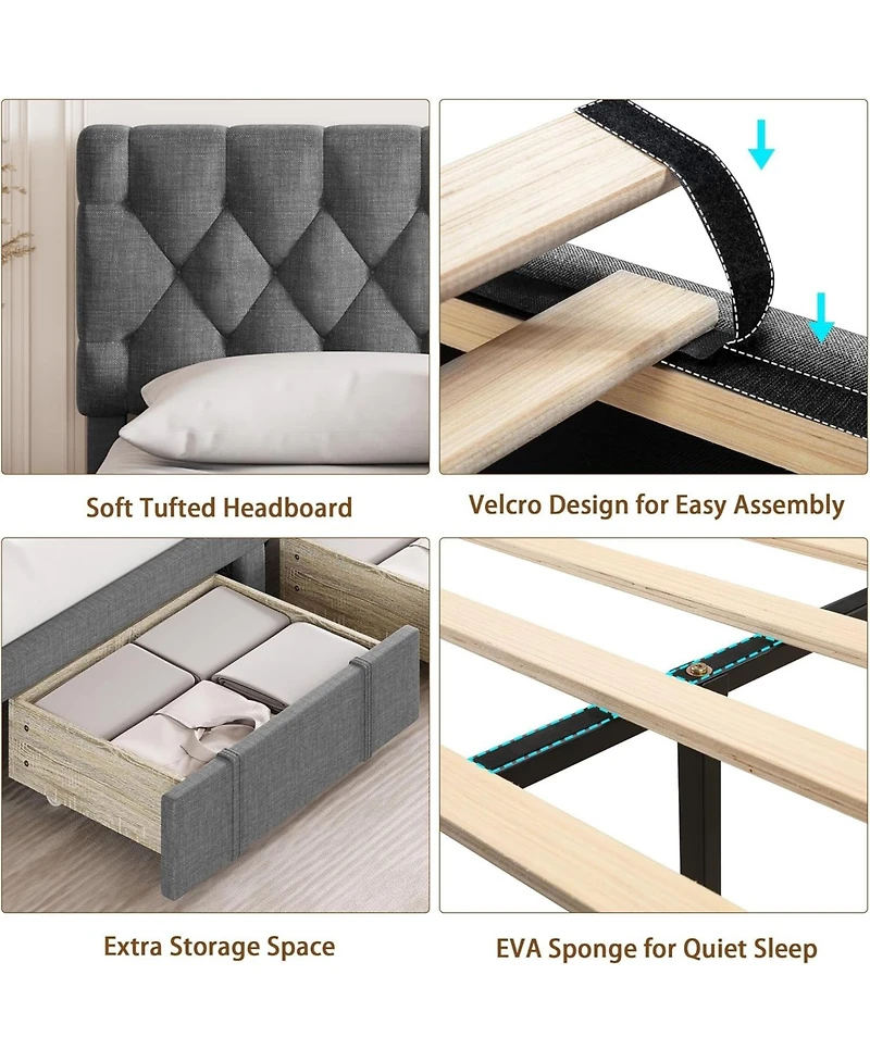 gaomon Bed Frame, Upholstered Platform Frame with Storage Drawers, Mattress Foundation Solid Wooden Slats Support,