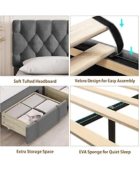 gaomon Bed Frame, Upholstered Platform Frame with Storage Drawers, Mattress Foundation Solid Wooden Slats Support,