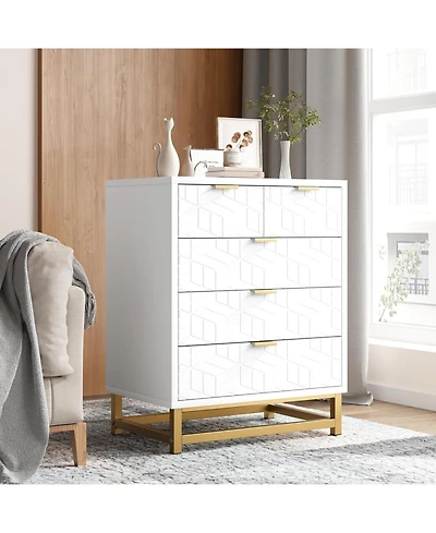 gaomon 5-drawer wood dresser for bedroom, wide modern storage chest for home.