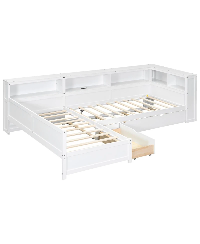 Streamdale Furniture Wood Twin L-shaped Platform Bed with Trundle & Drawer