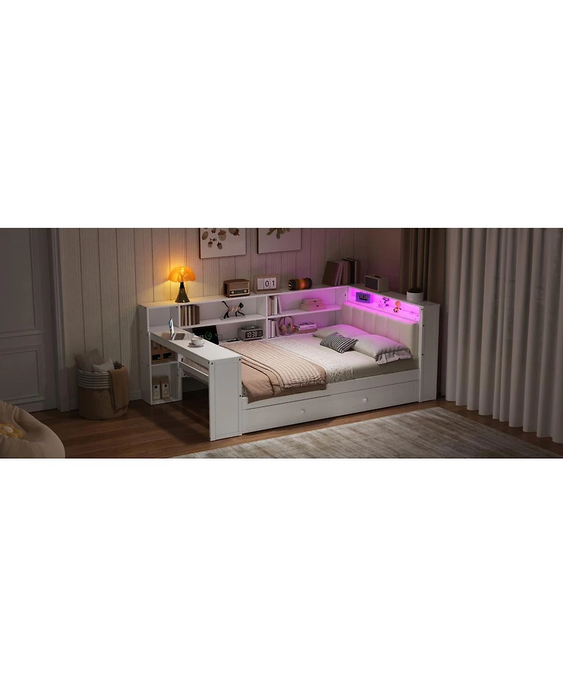 Streamdale Furniture Wood Twin Platform Bed with Storage, Trundle, Charging, Led, Desk, Headboard