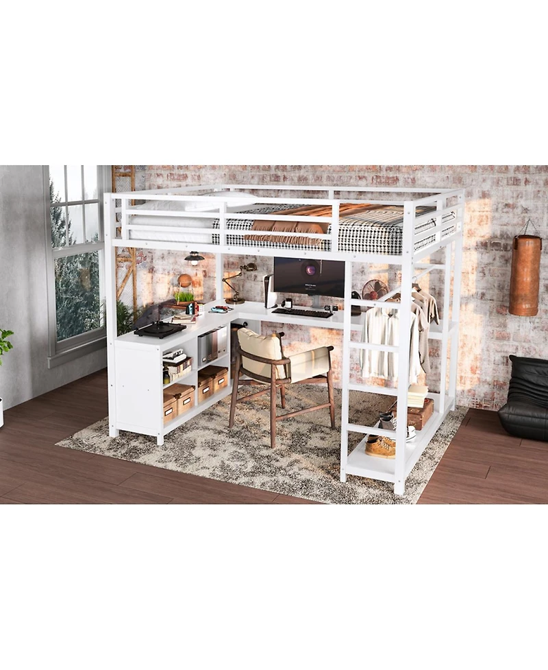 Streamdale Furniture Metal Loft Bed with Wardrobe, L-shaped Desk & Storage - Full Size