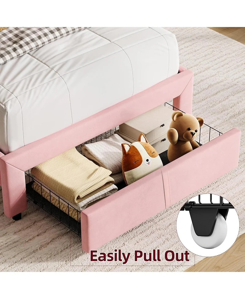 gaomon Twin Bed Frame with Storage Headboard, Velvet Upholstered Platform Bedframe for Kids, Girl Bed, Strong Wooden Slats, Noise-Free, Easy Assembly