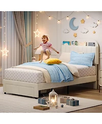gaomon Twin Bed Frame with Storage Headboard, Velvet Upholstered Platform Bedframe for Kids, Girl Bed, Strong Wooden Slats, Noise-Free, Easy Assembly
