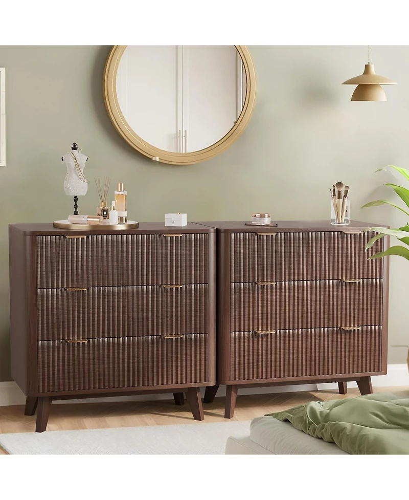 gaomon 2PCS Fluted Nightstand, Modern 3 Drawer Bedside Table with Faux Marble Top, End Table for Bedroom Living Room