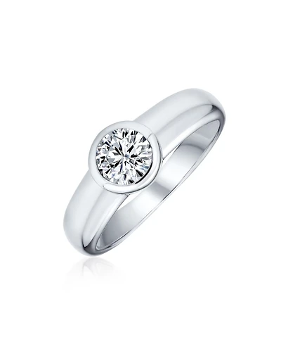 Bling Jewelry Modern Simple 1CT Cubic Zirconia Cz Bezel Set Round Solitaire Promise Ring Sterling Silver Plain Band