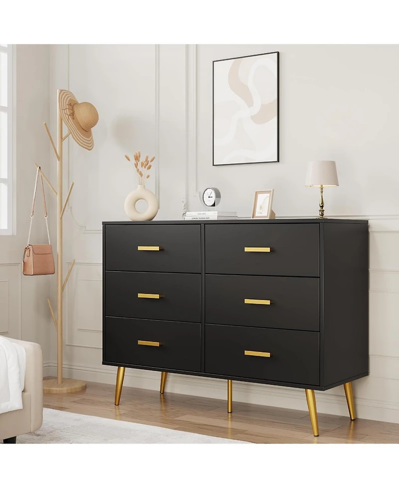 gaomon Modern 6-Drawer Dresser with Metal Handles, Wooden Storage Chest for Bedroom, Living Room
