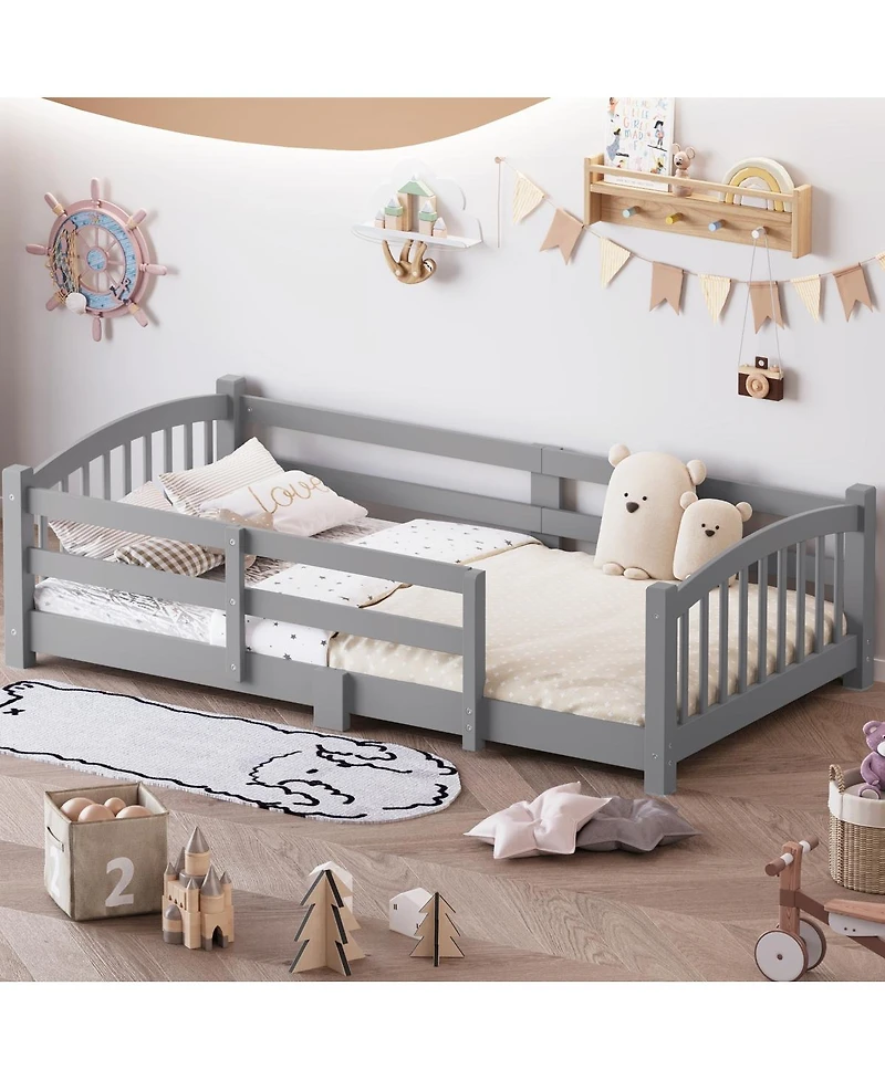 Streamdale Furniture Montessori Floor Bed with Slats, Guardrails, and Fence