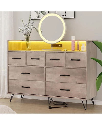 gaomon Dresser for Bedroom with Led Light & Charging Station, 8 Drawers with Open Space, Vintage Chest of Wide Drawers for Living Room.