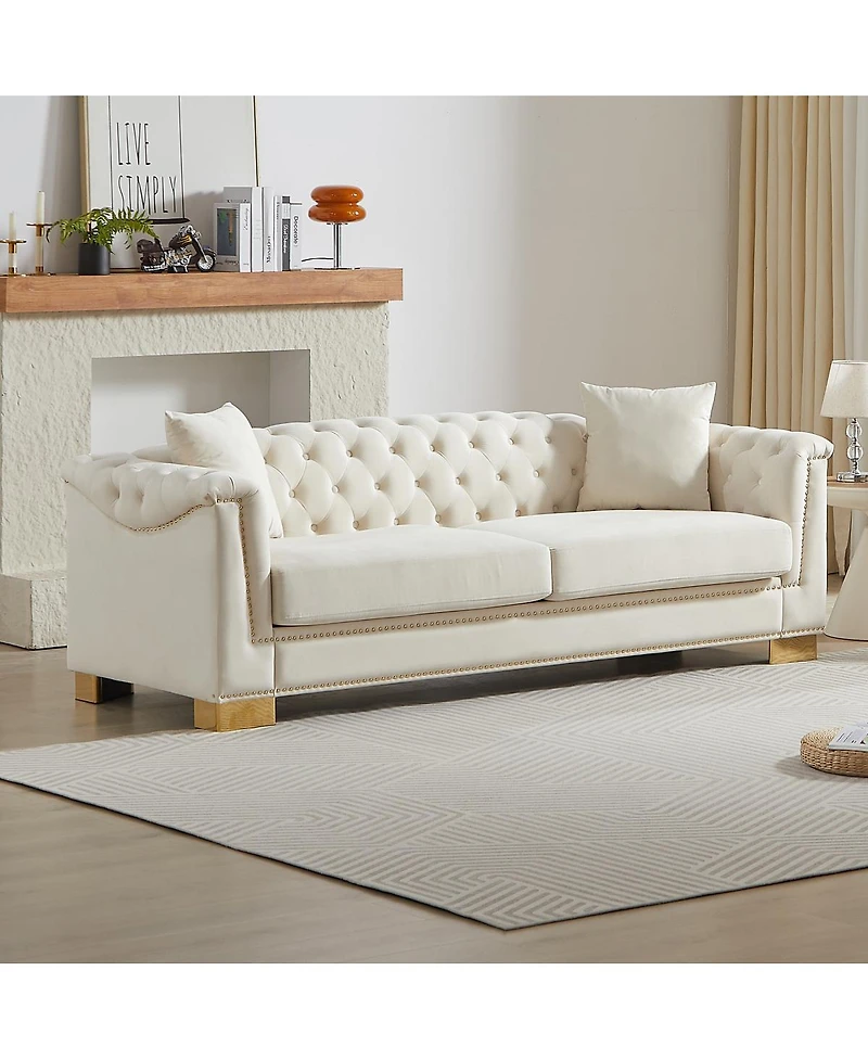 Streamdale Furniture Classic Modern Sofa, 84-inch Chesterfield with Rolled Arms and Tasseled Clouds in Velvet