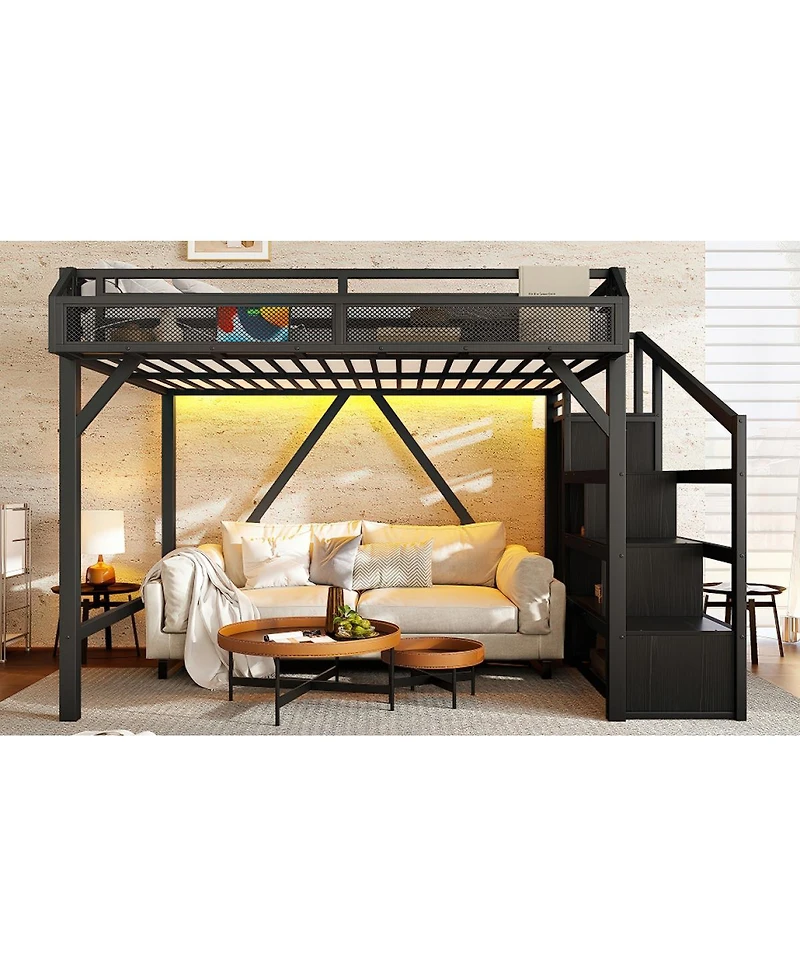 Streamdale Furniture Full Loft Bed with Storage Stairs, Shelves, Wardrobe, Usb, Led Lights