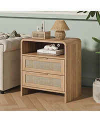 Streamdale Furniture Rattan Nightstand with Charging Station, 2 Drawers, 22.8" Wide Bedside Table