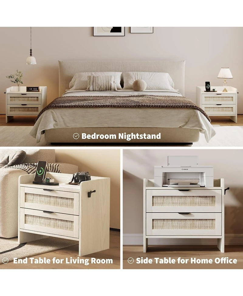 gaomon Rattan Bedside Table Nightstand, 2 Drawer, 1 Pcs Bedside Cabinet, Bedroom Organizer and Storage Cabinet