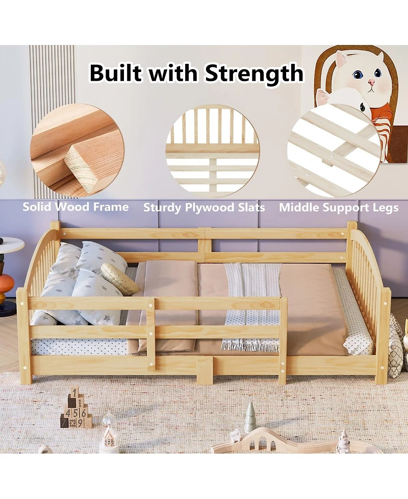 Streamdale Furniture Montessori Floor Bed with Slats & Guardrails, Solid Wood, Easy Assemble
