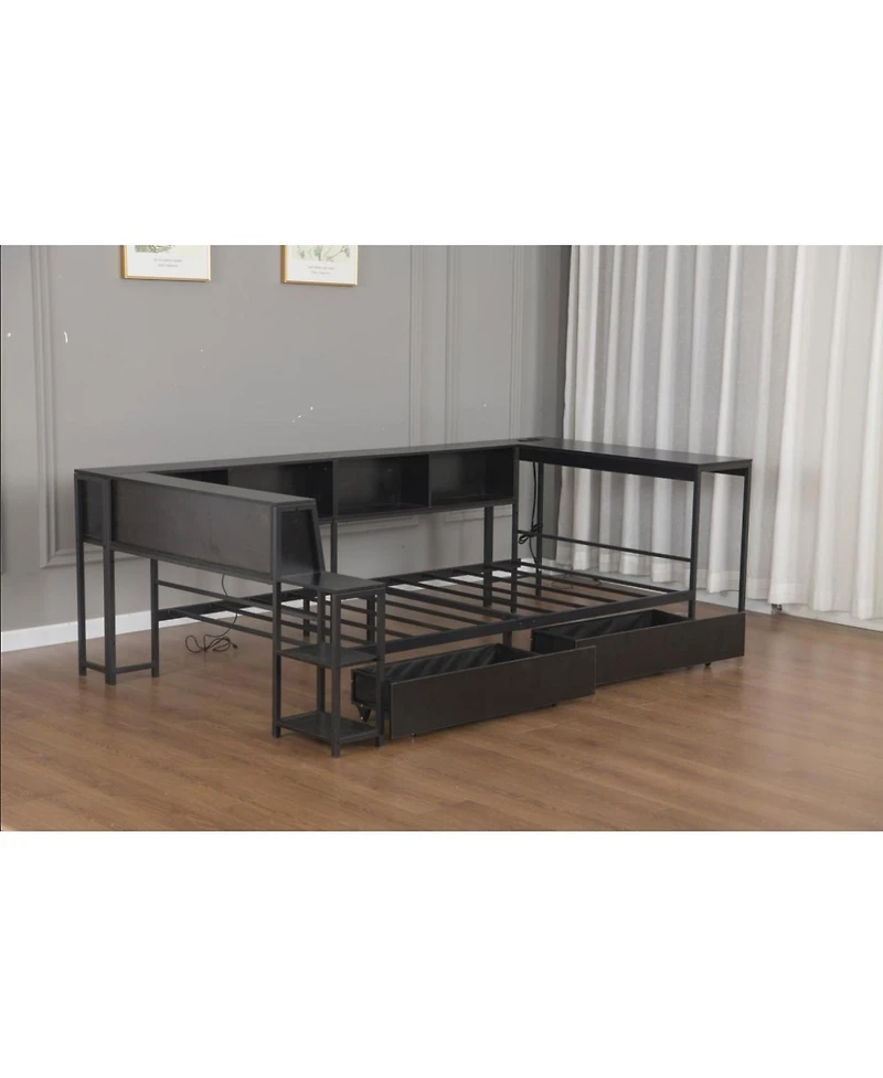 Streamdale Furniture Streamdale Corner Bed Frame with Bookcase, Led, Charging Station