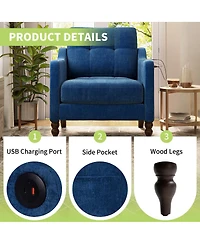 Streamdale Furniture Accent Chenille Chair w/Usb, Mid+, Soft+, High-support Sponge, Ergonomic Backrest, Wooden Legs, Storage