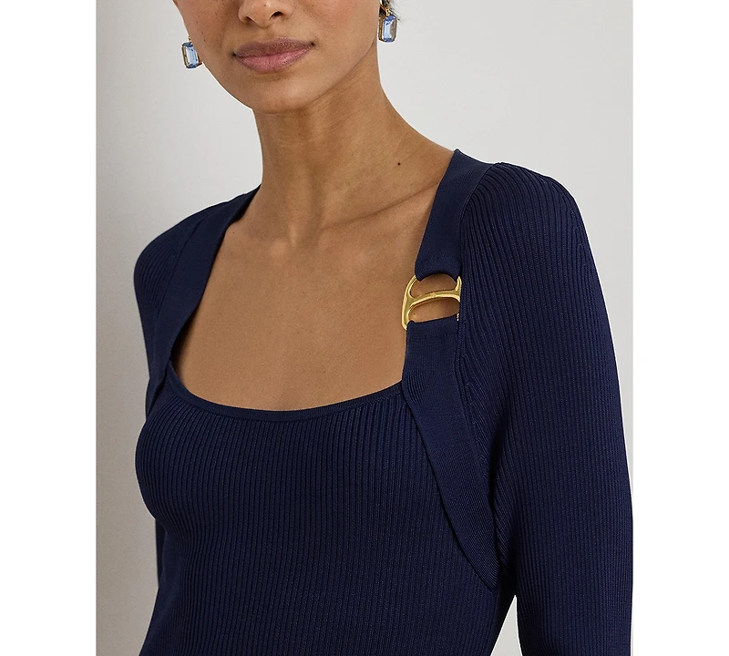 Lauren Ralph Women's Buckle-Trim Rib-Knit Square Neck Sweater Dress