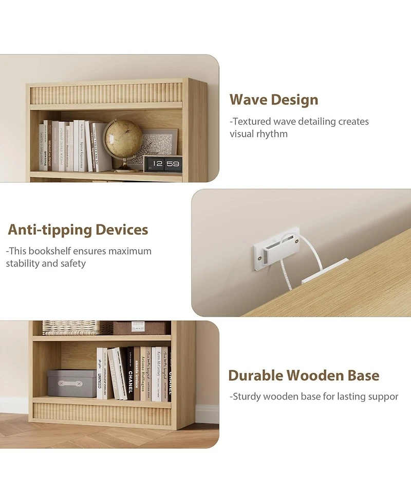 gaomon Tall Farmhouse Bookcase – 5-Tier Bookshelf with Fluted Design and Display Rack, Rustic Wood Freestanding Book Shelf for Office, Library