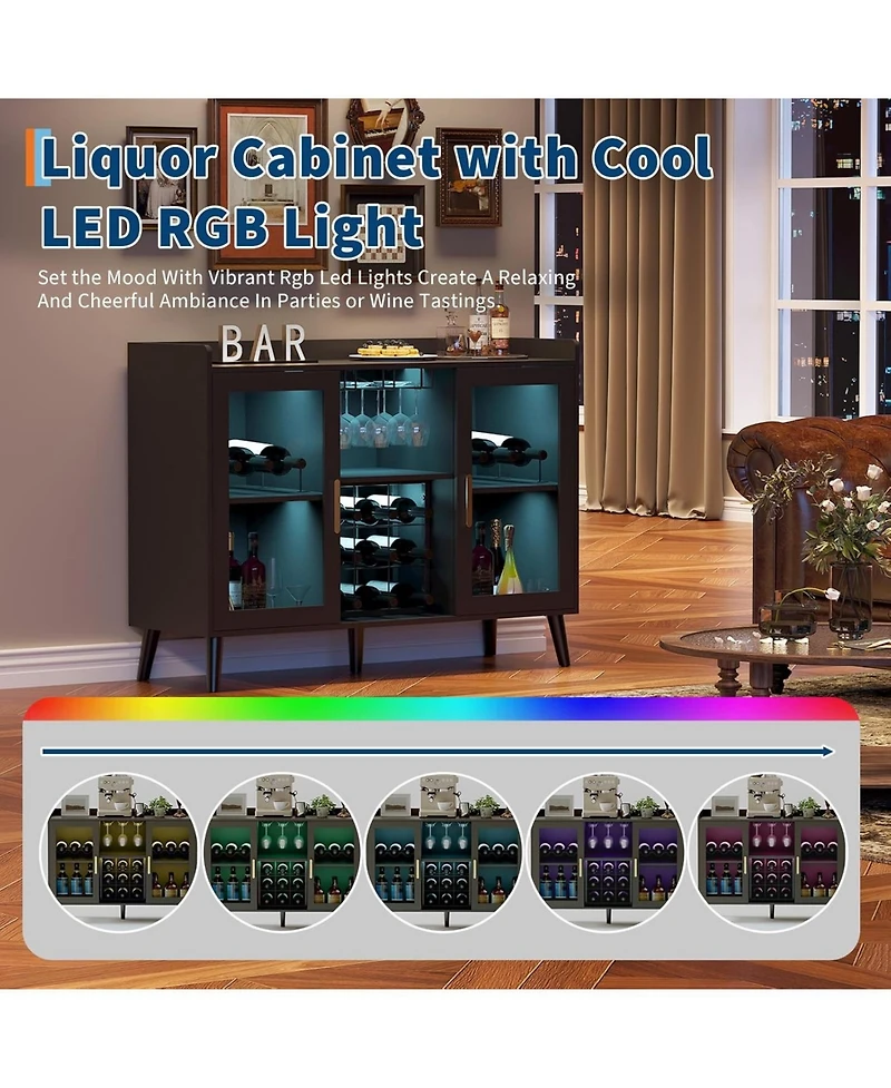 gaomon Modern Wine Bar Cabinet with Led Light Wood Kitchen Coffee Bar Home Liquor Cabinets with Glass Holder Doors and Wine Racks Buffet Sideboard