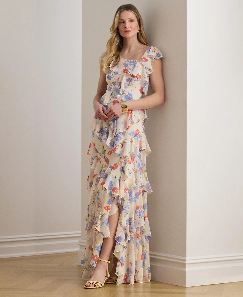 Lauren Ralph Women's Flutter-Sleeve Asymmetric Neck Maxi Dress