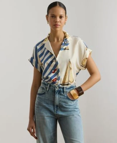 Lauren Ralph Lauren Womens Striped Sailboat Print Collared Camp Shirt