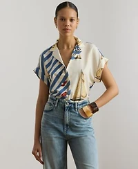 Lauren Ralph Lauren Womens Striped Sailboat Print Collared Camp Shirt