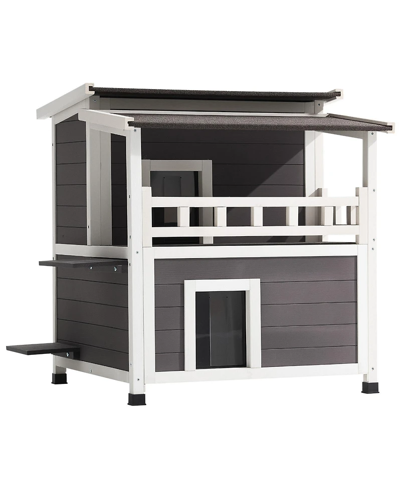 Aostirmotor 2-Story Insulated Cat House with Balcony, Weatherproof Wooden Shelter for Indoor & Outdoor Cats