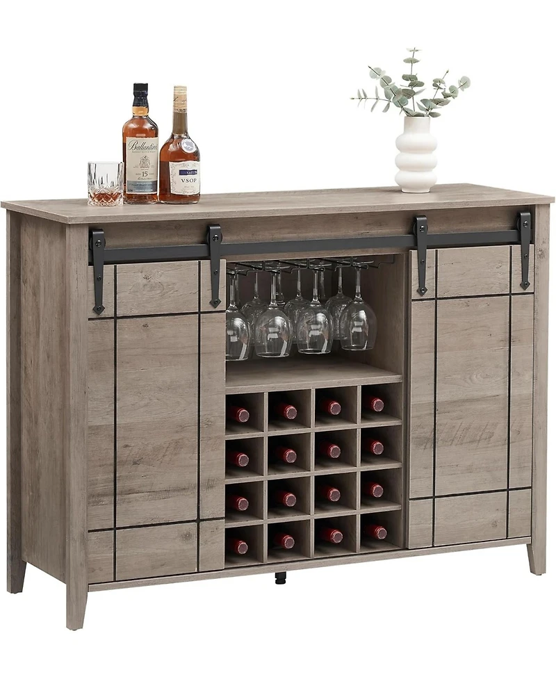 gaomon 47 Inch Wine Bar Cabinet with Sliding Barn Door Buffet Sideboard Cabinet with 16 Bottle Wine Rack
