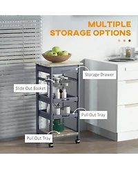 Rainsken Mobile Kitchen Cart, Solid Wood Frame Utility Cart, Rolling Kitchen Island with Wire Fruit Baskets, Trays and Drawer for Dining Room