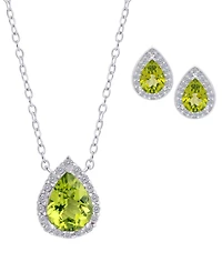 Macy's 2-Pc. Genuine Peridot (1.80 ct. t.w.) and White Topaz (0.36 ct. t.w.) Pear Pendant Necklace and Stud Earrings Set in Sterling Silver