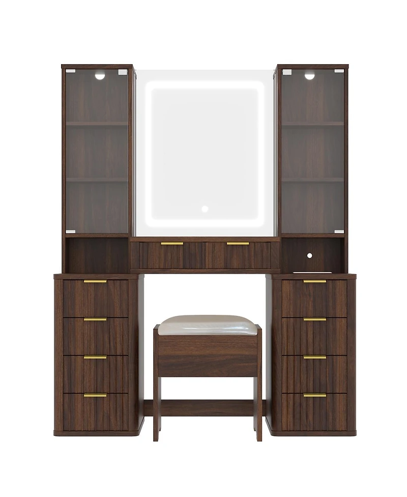 Streamdale Furniture 43.5" Fluted Makeup Vanity Desk w/ Mirror, Lights, 10 Drawers