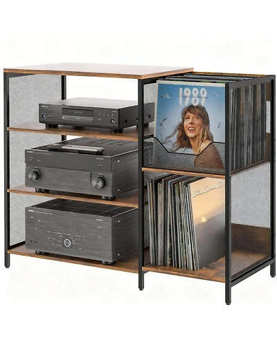 Yigii Rustic 6-Tier Media Cabinet with Adjustable Shelves and Record Holder