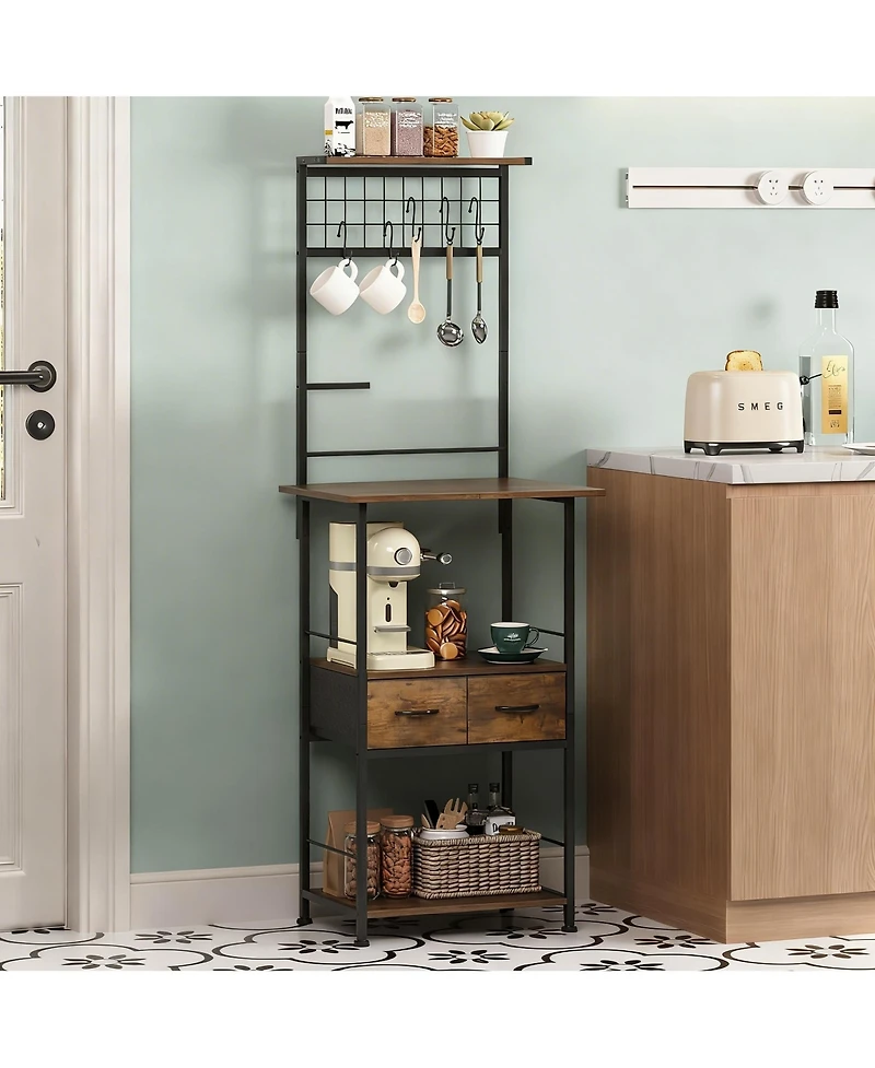 Yigii Space-Saving Slim Coffee Bar with 4 Shelves, 2 Drawers, 5 Hooks