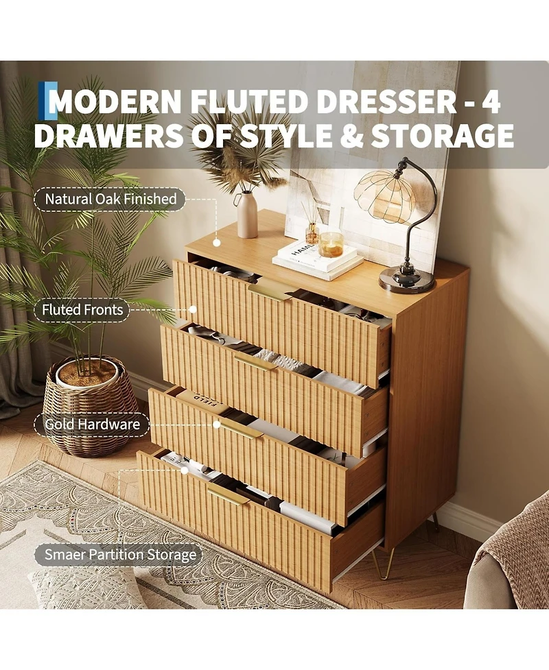 gaomon Fluted 4 Drawer Modern Wooden Dresser, Wide Bedroom Storage, Oak