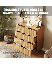 gaomon Fluted 4 Drawer Modern Wooden Dresser, Wide Bedroom Storage, Oak