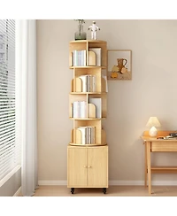 Rainsken 360° Rotating Bookshelf Tower, 5 Tier Wooden Display Bookcase with Wheels and Double Door Storage Cabinet