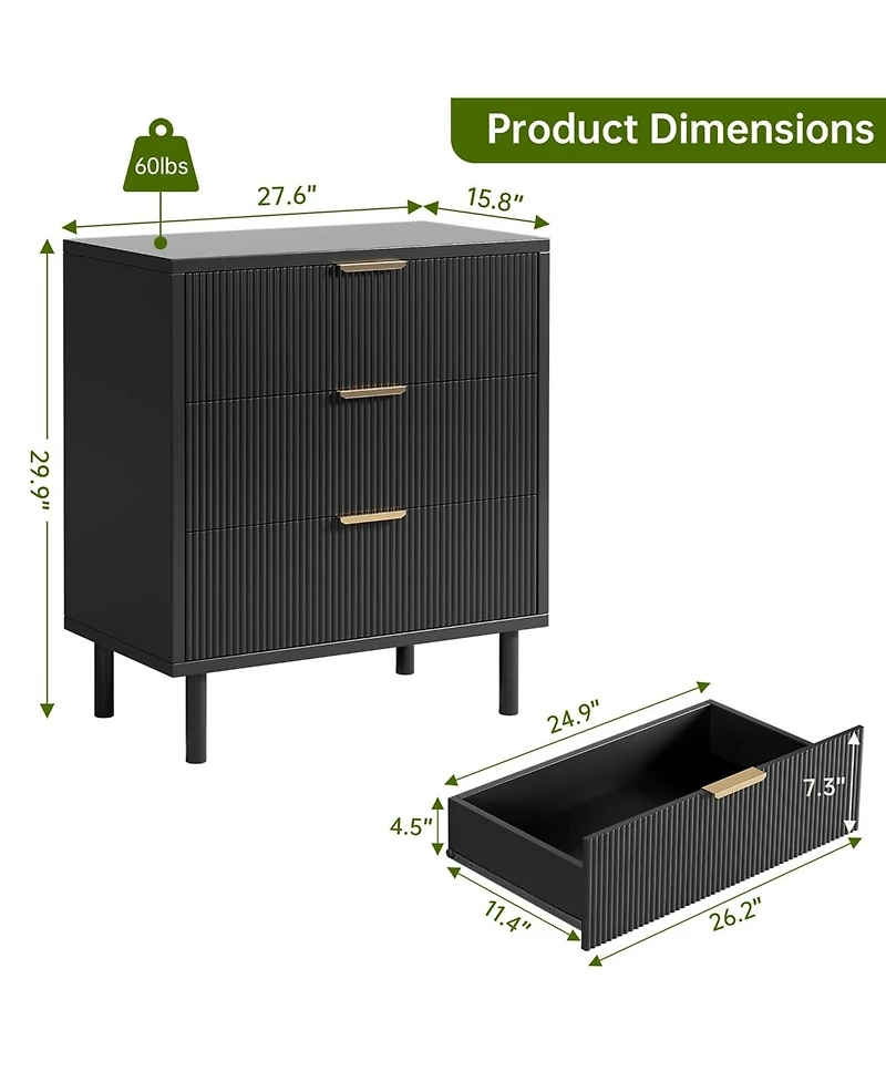 gaomon Fluted 3 Drawers Dresser, Wide Wood Chest of Drawers, Modern Storage Dresser Chest of Drawers Organizer with Metal Legs and Anti-Tipping Device